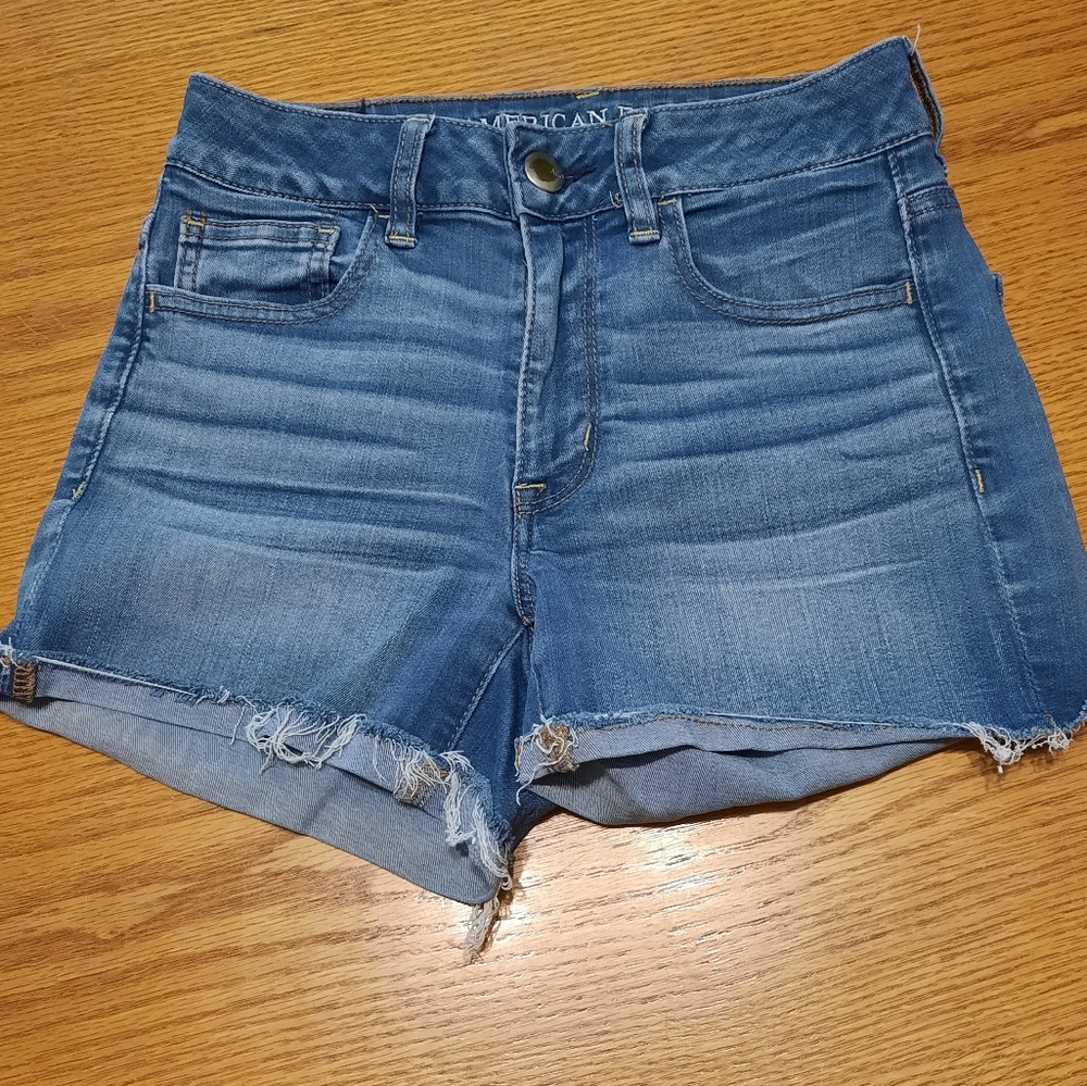 American Eagle Outfitters Blue Jean Hi Rise Shortie Shorts Cuffed